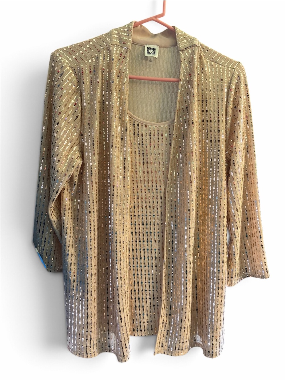Anne Klein Shimmering Sequin Cardigan & Tank Top 2-Piece Set - Champagne / Gold